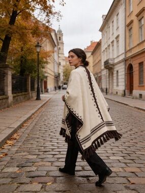 100% Merino Wool Geometric Fringe Wrap - Brown & Cream